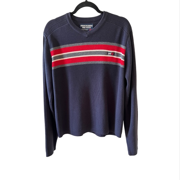 ABERCROMBIE & FITCH Men's Blue W/Stripes V-Neck Pullover Acrylic Sweater Medium - Picture 2 of 5